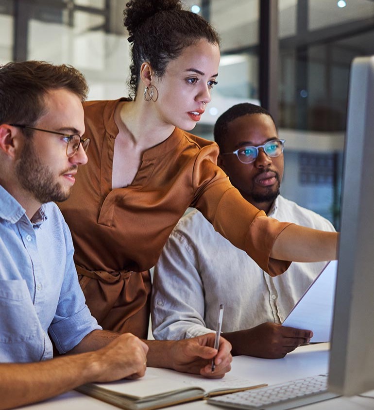 team members discuss software on a computer